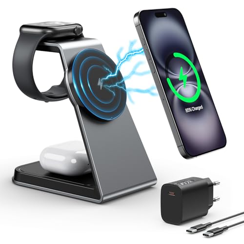 Mag-Safe Ladestation 3 IN 1, Ladegerät kompatibel mit App1e Watch und iPh0ne, Induktive Ladestation auch geeignet für Airp0ds Pro 3 2,Ladegerät kompatibel mit iPh0ne 16 15 14 13 12Serie(Grau) von AOWIN