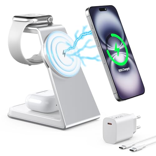 Mag-Safe Ladestation 3 IN 1, Ladestation kompatibel mit App1e Watch und iPh0ne, Induktive Ladestation auch geeignet für Airp0ds Pro 3 2, Kabelloses Ladegerät für iPh0ne 16 15 14 13 12 Serie(Silber) von AOWIN