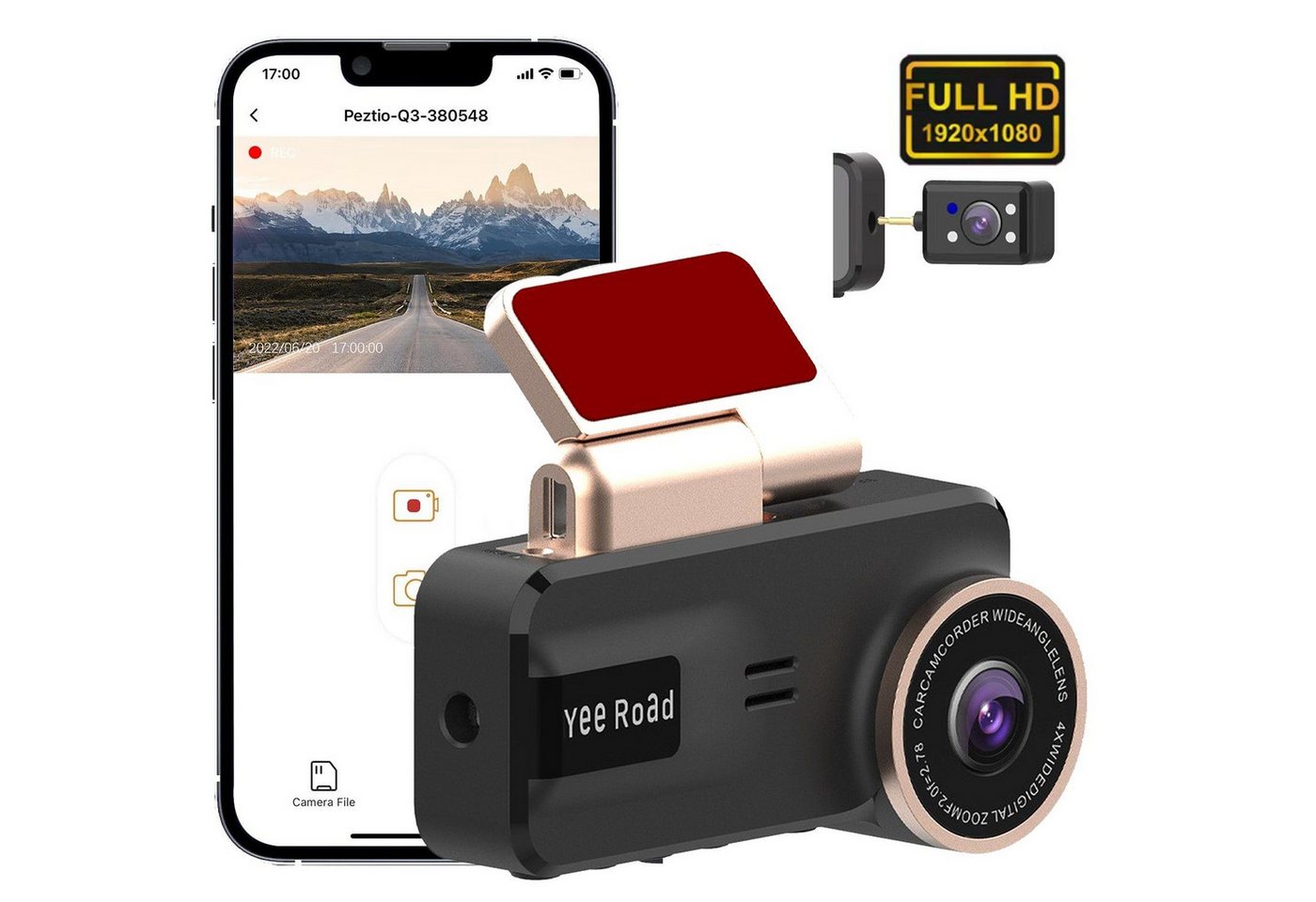 HOUROC Dashcam 1920*1080P FHD Autokamera mit 3.16 Zoll Bildschirm Dashcam (WLAN (Wi-Fi), G-Sensor, Parküberwachung, Loop-Aufnahme, Vorne und Hinten Autokamera, Nachtsicht, 150° Weitwinkelobjektiv) von HOUROC