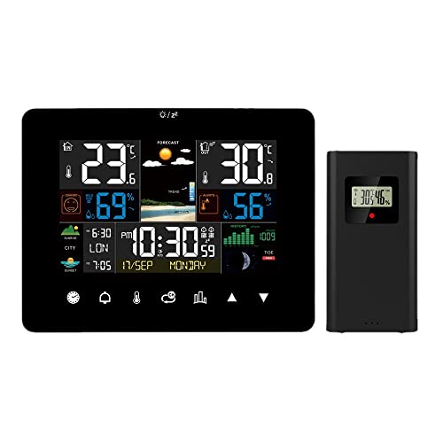 Drahtlose Wetterstation, digitale Wetterstation, Wetterstation, Thermometer mit Alarm und Luftfeuchtigkeit, Barometer, Alarm, Mondphase, Wetteruhr mit Außensensor von AOZBZ