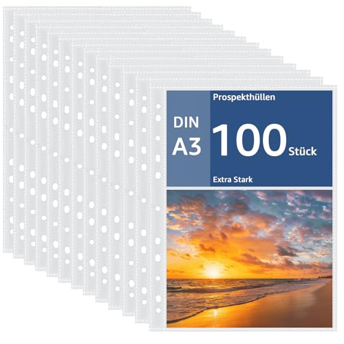 APACALI 100 Stück Klarsichthüllen A3, 0.05mm Prospekthüllen A3 mit Lochung, Extra Stark Klarsichtfolien A3, Oben Offen Klarsichthüllen A4 glasklar, Sicht-Hüllen Plastikhülle für A3 Ordner Dokumente APACALI 100 Stück Klarsichthüllen A3, 0.05mm Prospekthüllen A3 mit Lochung, Extra Stark Klarsichtfolien A3, Oben Offen Klarsichthüllen A4 glasklar, Sicht-Hüllen Plastikhülle für A3 Ordner Dokumente von APACALI