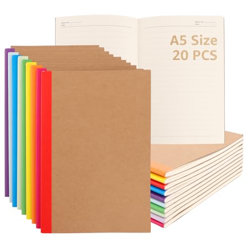 APACALI 20 Stück Notizbuch A5 Blanko, 60 Seiten (30 Blätter) Notizblock, Notizheft mit Regenbogen Rücken in 10 vintagen Farben, 21x14,5cm Notizbücher für Büro und Schule, zum Zeichen, Schreiben von APACALI