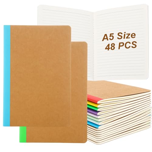 APACALI 48 Stück Notizbuch A5 Blanko, 60 Seiten (30 Blätter) Notizblock, Notizheft mit Regenbogen Rücken in 8 vintagen Farben, 21x14,5cm Notizbücher für Büro und Schule, zum Zeichen, Schreiben von APACALI