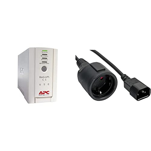 APC Back-UPS CS - BK650EI - Unterbrechungsfreie Stromversorg 650VA (4 Ausgänge IEC, Überspannungsschutz) & Netz Adapter Kabel, Inline®, Kaltgeräte C14 auf Schuko Buchse, 1m (1 Stück) von APC