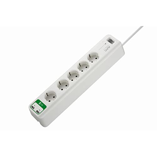 APC Surge Protector - PM5U-GR - Steckdosenleiste mit Überspannungsschutz (5-fach Stecker Schuko, schaltbar, 2 USB-Ladeausgänge - Farbe: weiß) von APC