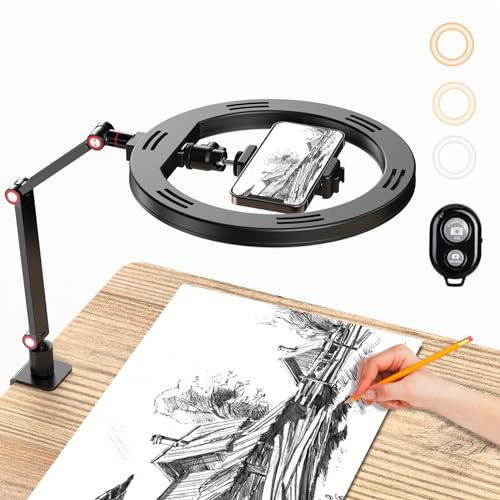 APEXEL 10" Ringlicht Mit Ständer und Telefonhalter, USB LED für Schreibtisch, Overhead Stativ Mit Verstellbarem Schreibtischarmständer für Fotografie, Live-Streaming, YouTube, TikTok von APEXEL