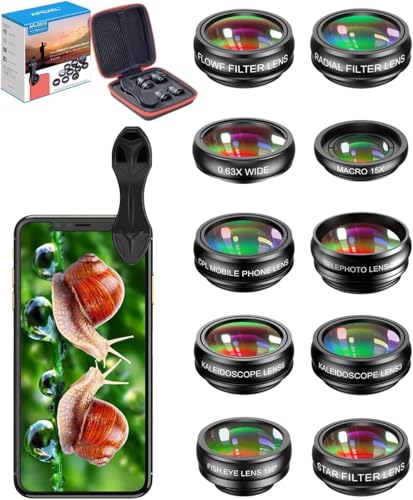 APEXEL 10 in 1 Phone Camera Lens kit Wide Angle Lens, Macro Lens, Fisheye Lens, Telephoto Lens, Kaleidoscope 3/6 Lens CPL/Flow/Star/Radial Filter Clip-on Phone for iPhone Samsung Most of Smartphon von APEXEL