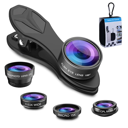 APEXEL 5 in 1 Phone Camera Lens Kit -0.63X Weitwinkelobjektiv & 15X Makroobjektiv+190°Fisheye Lens/CPL + 2X Teleobjektiv Kompatibel mit den meisten Smartphones von APEXEL