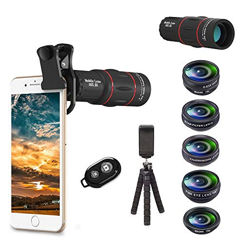 APEXEL 8 in 1 Telefon Kamera Objektiv Kit 18X Tele Teleskop Zoom Objektiv Weitwinkel, Makro, Fisheye, Kaleidoskop 6, Stern Filter für iPhone Huawei und die meisten Smartphone Remote Shutter Stativ von APEXEL