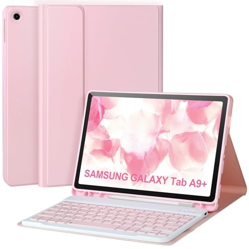 Tastaturhülle für Samsung Galaxy Tab A9+/Plus 11'' 2023 (SM-X210/X216/X218),Hülle mit Tastatur für Samsung Tab A9+ mit S-Pen-Halter,Abnehmbare Bluetooth-Tastatur für Galaxy A9+,Auto Wake/sleep,Rosa von APHBZGE