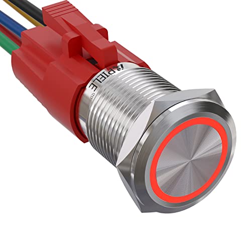 APIELE 16MM Verriegelung Druckschalter 12VDC 5A, Edelstahl mit LED Ringbeleuchtung wasserdicht Latch Drucktastenschalter mit vorverdrahtetem Stecker, Auto RV LKW Boot EIN/AUS Taste Schalter (rot) von APIELE