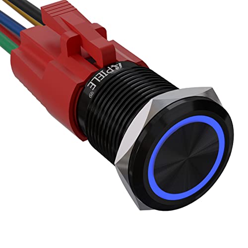 APIELE 16MM Verriegelung Druckschalter 12VDC 5A, Schwarz Aluminiumlegierung mit LED Ringbeleuchtung wasserdicht Latch Drucktastenschalter, Auto RV LKW Boot EIN/AUS Taste Schalter (Blau) von APIELE