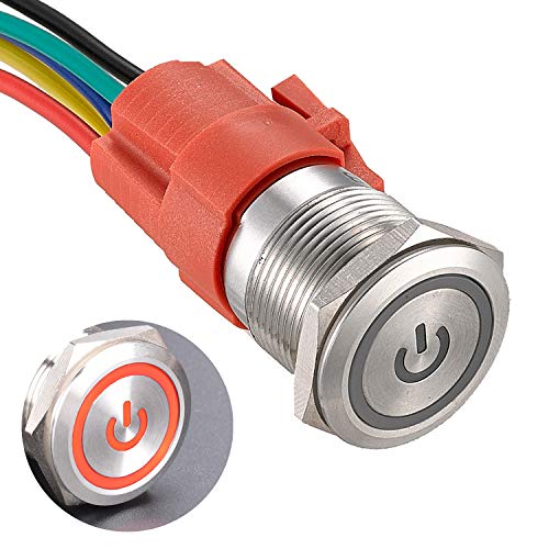 APIELE 19MM Verriegelung Druckschalter 12VDC 5A, Edelstahl mit LED Power Symbol wasserdicht Latch Drucktastenschalter, Auto RV Boot EIN/AUS Taste Schalter (Silber Schale/Rot) von APIELE