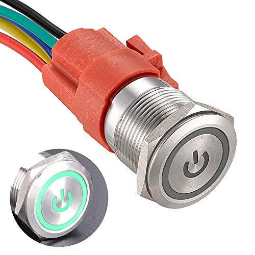 APIELE 19MM Verriegelung Druckschalter 12VDC 5A, Edelstahl mit LED Power Symbol wasserdicht Latch Drucktastenschalter, Auto RV LKW Boot EIN/AUS Taste Schalter (Silber Schale/Grün) von APIELE