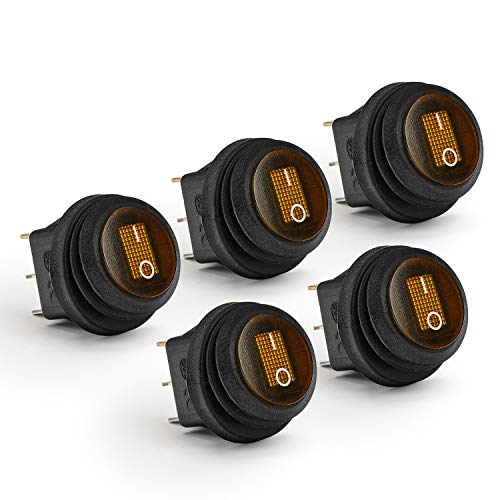 APIELE 5 Stücke Wasserdichter runde Kippschalter,2 Position EIN-Aus mit LED-Schalter SPST 3 Pins Wippschalter,12V 20A Taste Rocker Kippschalter Für Auto, Boot, Haushaltsgeräte KCD1-8-101NW (gelb) von APIELE