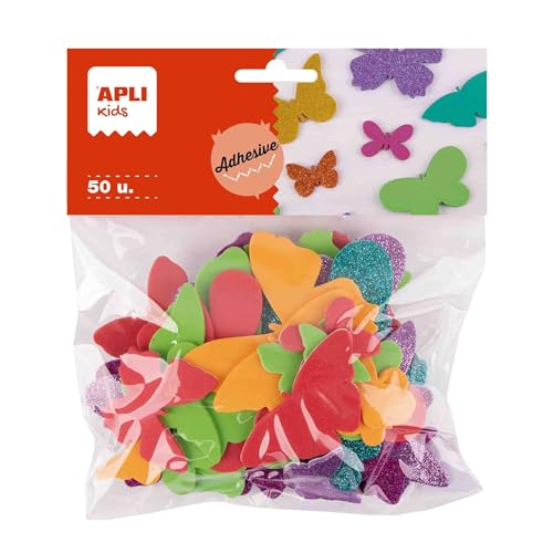 APLI Kids 19589 Schmetterlingsbeutel aus EVA-Schaumstoff zum Basteln, 50 Stück Schmetterlinge in verschiedenen Farben und Größen von APLI Kids