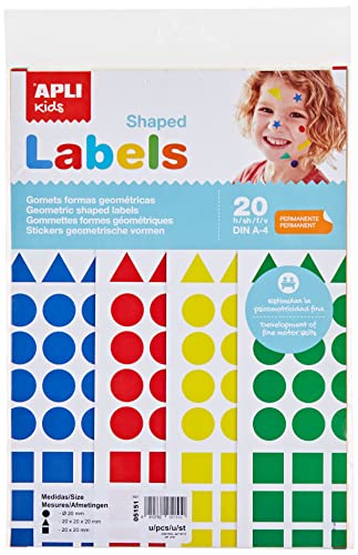 APLI KIDS 5151 – Packung mit 1920 Aufklebern in verschiedenen Formen und Farben, 20 Blatt gelb/blau/rot/grün (Dreiecke, rund, quadratisch, 20 x 20 mm) von APLI Kids