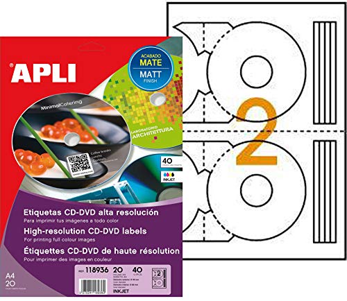 APLI 118936 Samt-40 Etiketten CD/DVD Foto matt A4 117,5 cm x 18 mm Durchmesser APLI 118936 Samt-40 Etiketten CD/DVD Foto matt A4 117,5 cm x 18 mm Durchmesser von APLI