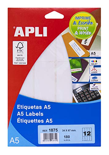 APLI 1875 Etiketten A5 weiß 34,0 x 67,0 mm 15 Blatt von APLI