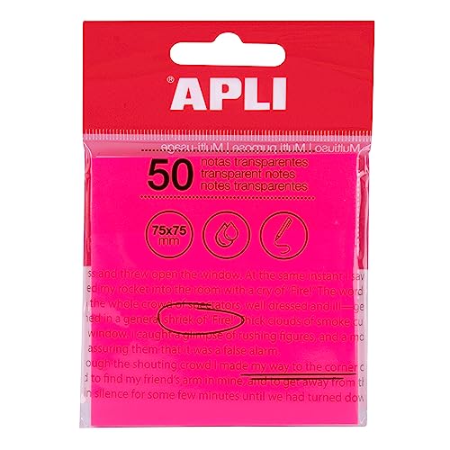 APLI 19570 Haftnotizen, transparent, 75 x 75 mm, Farbe: Rosa, 50 transparente Blätter, wasserfest, ideal für Studenten und Lehrer. von APLI