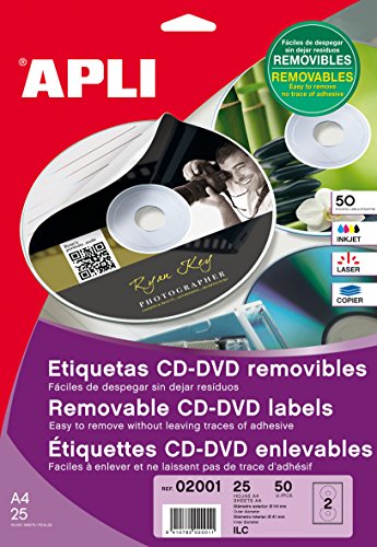 APLI CD/DVD Etiketten, weiß, für Laser und Kopierer, Inket Etikett CD/DVD Ø114mm Etikett ws 50St WIEDERABLÖSBAR von APLI