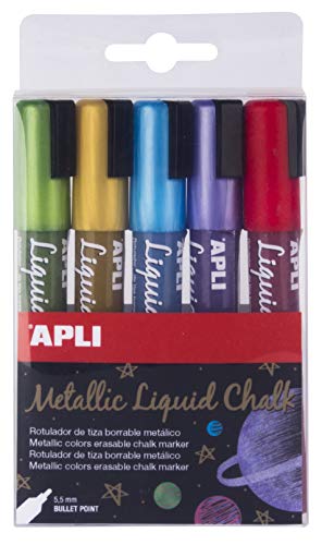 Apli, Packung mit 5 löschbaren Kreidestiften, 5,5 mm, Liquid Chalk Rundspitze, mehrfarbig (Gelb/Blau/Lila/Rot/Grün) von APLI