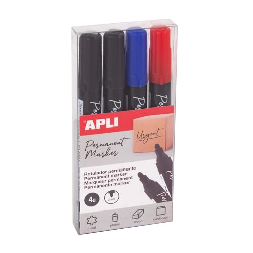 Apli 19685-4 Permanentmarker Rundspitze 3mm 2x schwarz, 1x blau, 1x rot, Multisurface von APLI