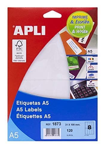 Apli Lables A5 Print & Write 31 x 100 mm weiß 136pieza (S) – Selbstklebende Etikette (weiß, A5, 100 mm, 31 mm, 190 x 125 x 6 mm, 136 Stück (S)) von APLI