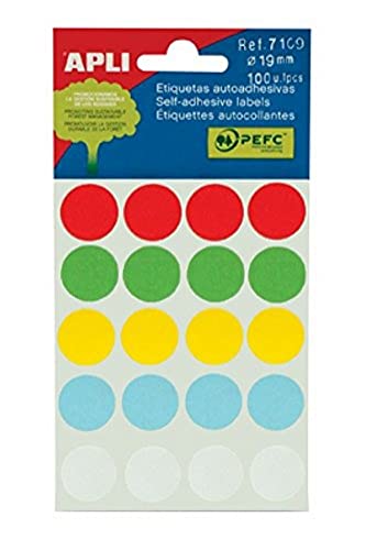 Apli Mini Klebeetiketten, 19 mm Durchmesser, farblich sortiert, 100 Stück von APLI