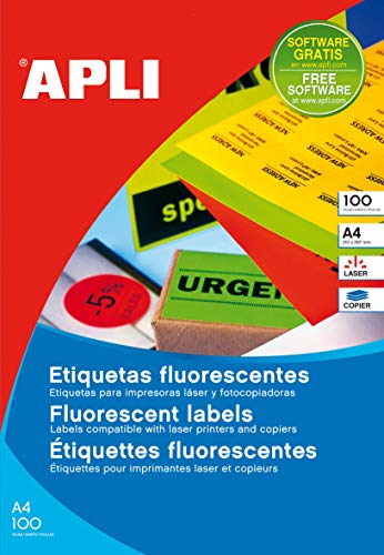 Etikettenbox Farbe/Fluor 100 Blatt A4 geeignet für Laserdrucker und Kopierer Gelb Neon 210 x 297 100H von APLI