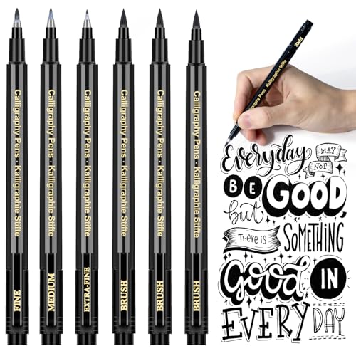 APOGO Kalligraphie Stift Handlettering Stifte Kaligraphiestifte set 6 Calligraphie Stifte Lettering Stifte set für Übungsheft Anfänger Tagebuch Bullet Journal Zubehör,Brush Pen Schwarz von APOGO