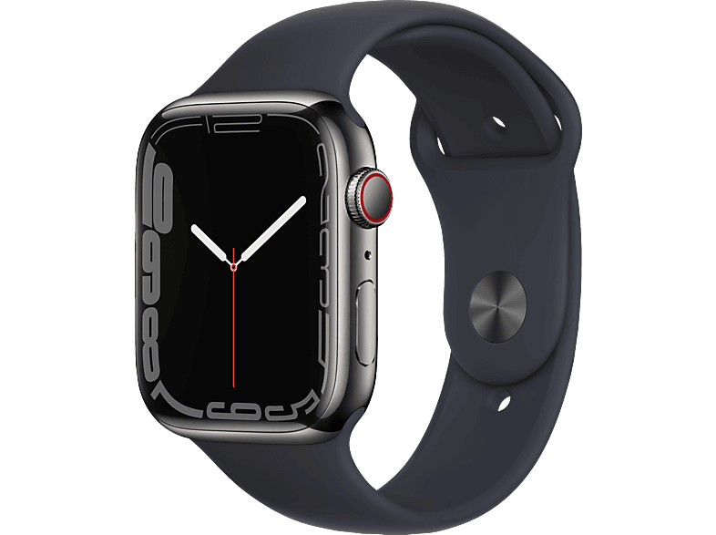 APPLE Watch Series 7 (GPS + Cellular) 45mm Smartwatch Fluorelastomer, 140 - 220 mm, Armband: Mitternacht, Gehäuse: Graphit von APPLE
