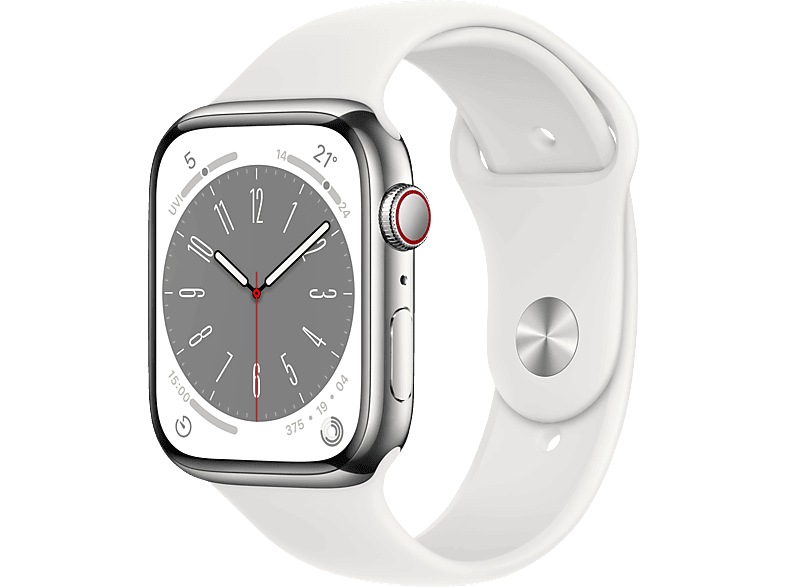 APPLE Watch Series 8 (GPS + Cellular) 45 mm Smartwatch Edelstahl Fluorelastomer, 140 - 220 mm, Armband: Weiß, Gehäuse: Silber von APPLE