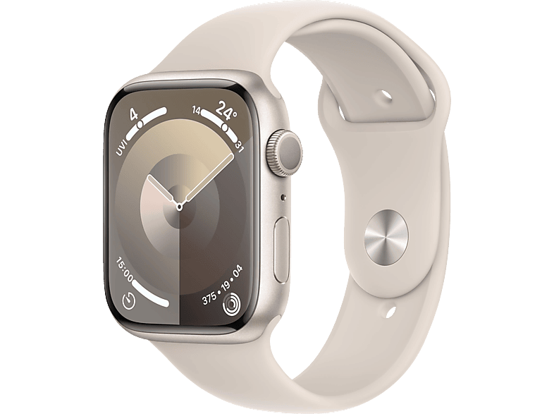 APPLE Watch Series 9 GPS 45 mm Smartwatch Aluminium Fluorelastomer, 150 - 200 mm, Polarstern von APPLE