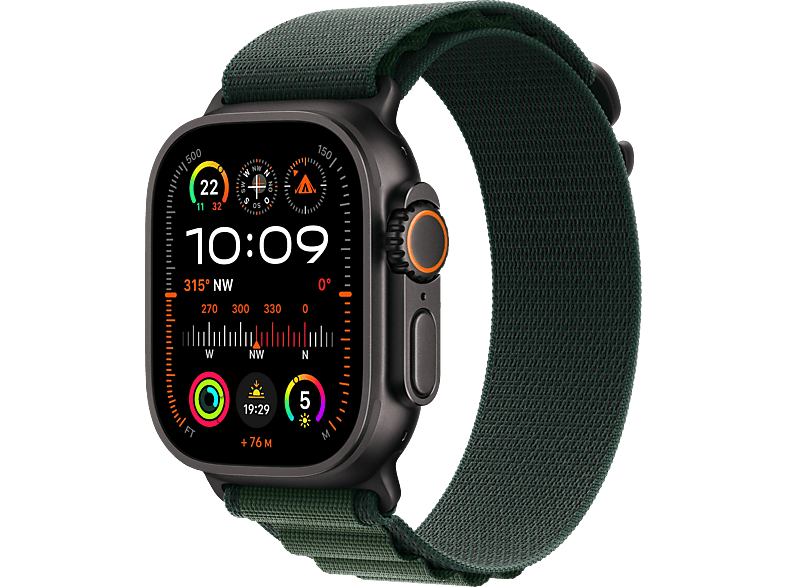 APPLE Watch Ultra 2 GPS + Cellular 49 mm Alpine Loop Armband Dunkelgrün 2024 Smartwatch Titangehäuse, 165 - 210 mm, Schwarz von APPLE