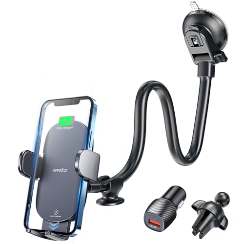 APPS2Car 15W Qi Handyhalterung Auto mit Ladefunktio, Handyhalterung Auto Induktives Laden für Saugnapf Windschutzscheib Lüftung, Wireless Car Charger für iPhone 14/13/12 Pro Max (inkl. QC-Ladegerät) von APPS2Car