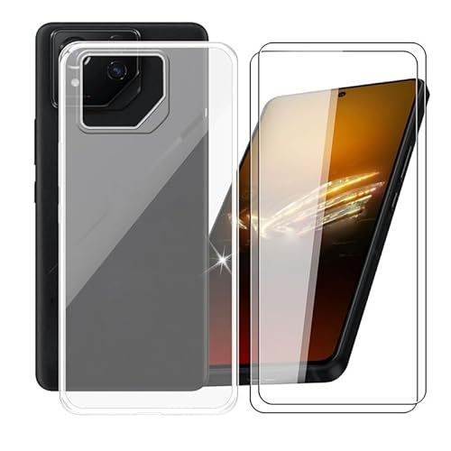 AQGG Hülle + 2 Displayschutzfolien für Asus ROG Phone 8 Pro (6.78") Cover Transparente Sanft Silikon TPU Handyhülle Schutzhülle Bumper - Temperierte Folie - Clear von AQGG