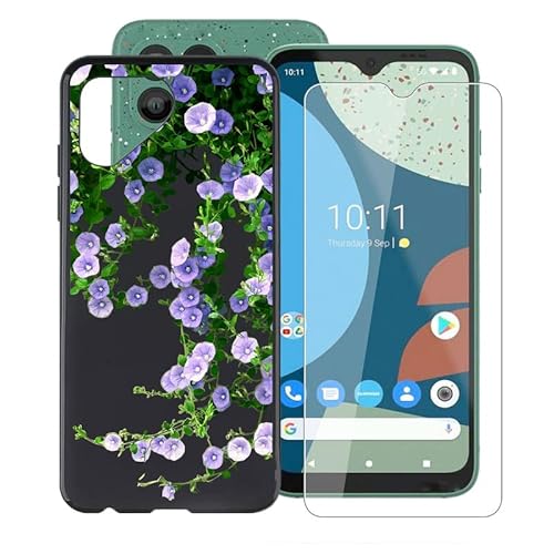 AQGG Hülle + Displayschutzfolien für Fairphone 4 (6.30 Zoll) Cover Black Sanft Silikon TPU Handyhülle Schutzhülle Bumper - Temperierte Folie - lila Blume von AQGG