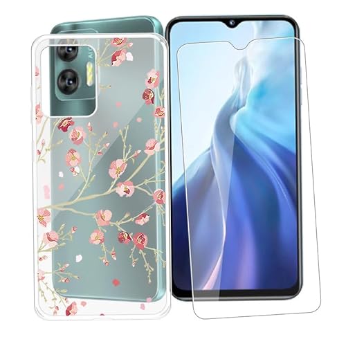 AQGG Hülle + Displayschutzfolien für Oukitel C35 (6.56") Cover Transparente Sanft Silikon TPU Handyhülle Schutzhülle Bumper - Temperierte Folie - rosa Blume von AQGG