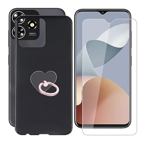 AQGG Hülle + Displayschutzfolien für ZTE Axon 50 Lite 8050 (6.60") Cover + Handy Ring Halter Black Sanft Silikon TPU Handyhülle Schutzhülle Bumper von AQGG