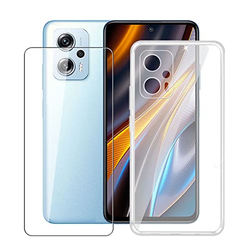 AQGG Hülle für Xiaomi Poco X4 GT (6.60")+Gehärtetes Glas Schutzfolie.Transparente TPU Weich Silikon Handyhülle Schutzhülle Stoßkasten Schale Case Etui Tasche-9H Gehärtetes Glas Film-Clear von AQGG
