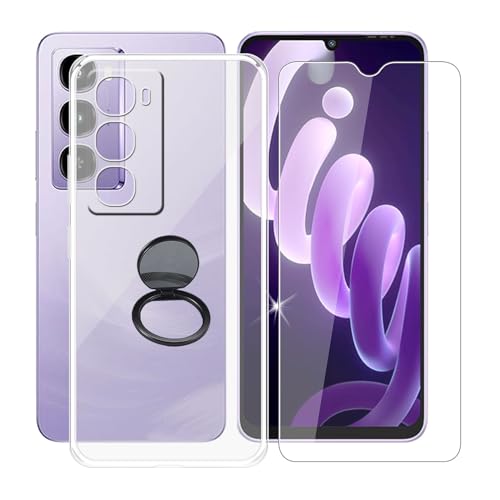 AQGGIIXY Handyhülle Transparent für Itel City 100 (6.75"), Weiche Schutzhülle + 1 Stück Gehärtetem Glas Schutzfolie, 360° Drehbar Handy-Ringhalter Cover für Itel City 100 - SH10 von AQGGIIXY