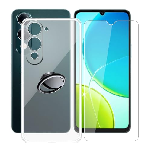 AQGGIIXY Handyhülle Transparent für Vivo Y37c (6.74"), Weiche Schutzhülle + 1 Stück Gehärtetem Glas Schutzfolie, 360° Drehbar Handy-Ringhalter Cover für Vivo Y37c - SH3 von AQGGIIXY