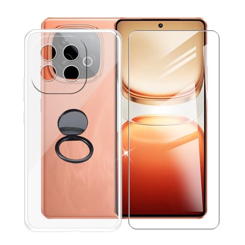 AQGGIIXY Handyhülle Transparent für vivo iQOO Z10 Turbo Pro (6.78"), Weiche Schutzhülle + 1 Stück Gehärtetem Glas Schutzfolie, 360° Drehbar Handy-Ringhalter Cover für vivo iQOO Z10 Turbo Pro - SH10 von AQGGIIXY