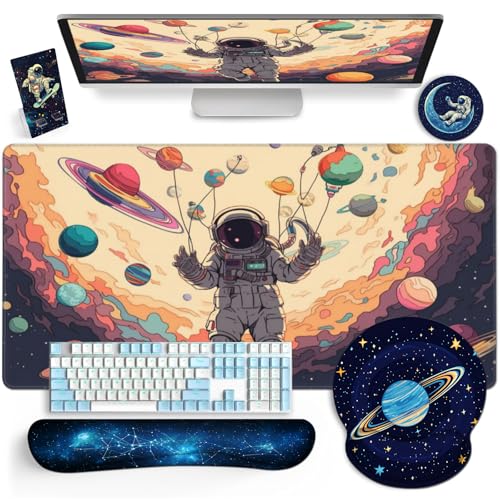 AQQA 5-in-1 großes Gaming-Mauspad, Mauspad mit Handgelenkstütze, ergonomisches Gaming-Mauspad, Handgelenkauflage, Tassen-Untersetzer, Tastatur-Mauspad, Schreibtischunterlage mit genähten Kanten von AQQA