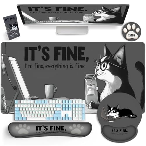 AQQA Lustiges Tastatur-Mauspad-Set, XXL-Mauspad + Tastatur-Handgelenkauflage + Handyhalterung, ergonomisches Katzen-Mauspad mit Handgelenkauflage, 5 Stück, niedliches Büro-Schreibtischzubehör, 90 x 40 AQQA Lustiges Tastatur-Mauspad-Set, XXL-Mauspad + Tastatur-Handgelenkauflage + Handyhalterung, ergonomisches Katzen-Mauspad mit Handgelenkauflage, 5 Stück, niedliches Büro-Schreibtischzubehör, 90 x 40 von AQQA