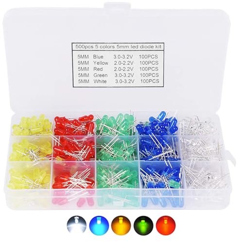 AQSQWQ 500 Stück 5MM LED Leuchtdioden, LED Dioden 3V Leuchtdiode sortiment Kit Rundkopf 2 Pin Extra Hell LED Licht, Diffus Dioden Set, 5 Farben Rot Blau Gelb Grün Weiß AQSQWQ 500 Stück 5MM LED Leuchtdioden, LED Dioden 3V Leuchtdiode sortiment Kit Rundkopf 2 Pin Extra Hell LED Licht, Diffus Dioden Set, 5 Farben Rot Blau Gelb Grün Weiß von AQSQWQ
