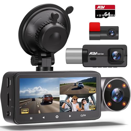 AQV Dashcam Auto 2K 1440P+1080P+1080P Dashcam Vorne Hinten und Innen 3 Lens Autokamera, Infrarot Nachtsicht, mit 64GB SD-Karte, 3,16 Zoll, G-Sensor, Loop-Aufnahme, WDR, Parküberwachung Max.128GB von AQV