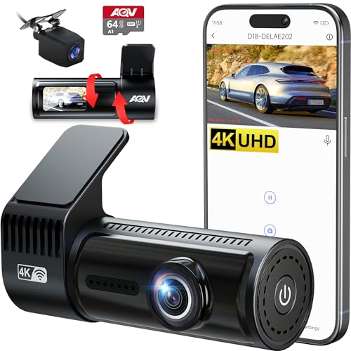 AQV Dashcam Auto Vorne und Hinten 4K mit WiFi Autokamera mit 64GB SD Karte, Loop-Aufnahme, G-Sensor, APP Steuerung, Super Nachtsicht, 170°+140° Weitwinkel, Sicherere Superkondensator, Parküberwachung von AQV