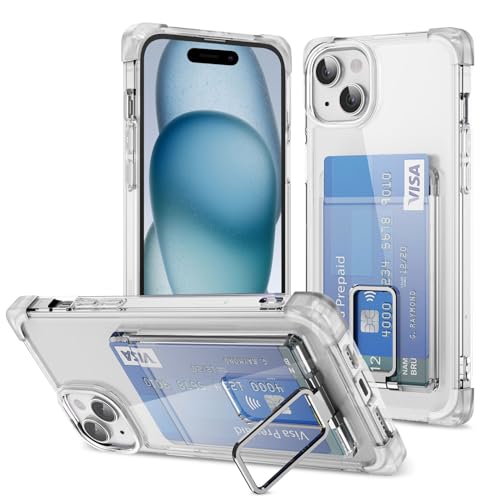 ÁRBOLORO Ständer Hülle für iPhone 15 Plus Schutzhülle mit Kartenfäch Transparent Silikon Handyhülle Kartenfach Hülle für 2 Karten, Stoßfest Handy Tasche Bumper Brieftasche Case Cover von ÁRBOLORO